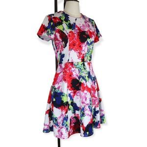Milly White & Multicolored Watercolor A-Line Short Sleeve Midi Dress 10